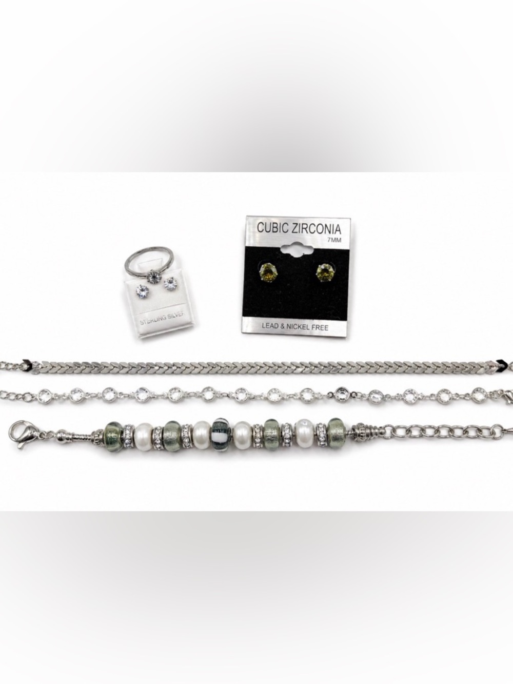Silver Tone Jewelry Bundle – Bracelets, Ring & Cubic Zirconia Earrings Set